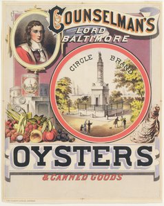 Affiche publicitaire pour les huîtres et conserves Counselmans Lord Baltimore Circle Brand - American School