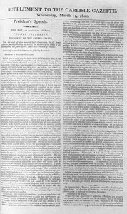 Discours inaugural du président Jefferson, supplément à la Carlisle Gazette, 11 mars 1801 - American School