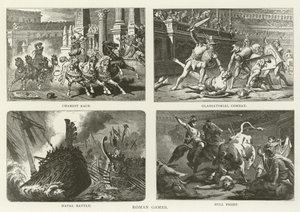 Jeux romains, course de chars, combat de gladiateurs, bataille navale, corrida
