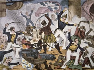 Marins de la Royal Navy abordant un navire pirate algérien, vers 1820 - American School
