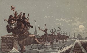 Père Noël et rennes livrant des cadeaux - American School