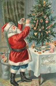 Père Noël décorant un sapin de Noël