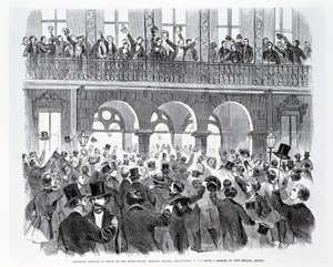 Réunion de sécession devant la Mills House, Meeting Street, Charleston, Caroline du Sud, vers 1860 (gravure) - American School