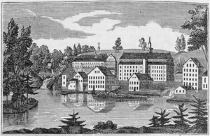 Vue sud-est des usines aux chutes de Yantic, Norwich, de 
