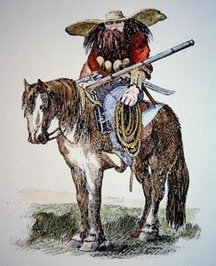 Dessin animé du Texas Ranger, représentant la vue urbaine orientale du Ranger sauvage et poilu