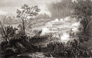 La bataille de Pittsburg Landing, gravée par H. B. Hall, 1862 - American School