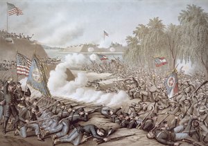La bataille de Corinth, 3-4 octobre 1862, montrant les drapeaux du Nord et du Sud, par Kurz & Allison - American School