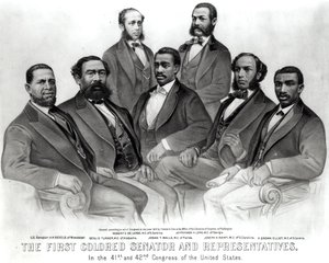 Le premier sénateur et représentants de couleur, au 41e et 42e Congrès des États-Unis, publié par Currier et Ives, 1872