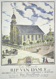 La nouvelle église réformée hollandaise, construite au coin des rues Nassau et Liberty, New York, en 1731 (gravure en couleur) - American School