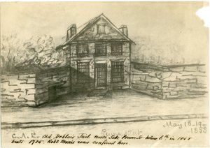 La vieille prison des débiteurs, côté de Prune St. en dessous de la 6e, illustration du Castner Scrapbook, 1858 - American School