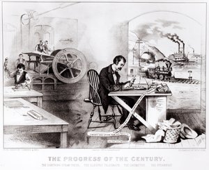 Le Progrès du siècle : la presse à vapeur éclair, le télégraphe électrique, la locomotive et le bateau à vapeur, pub. par Currier & Ives, 1876 - American School