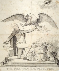 La détection providentielle, caricature représentant Thomas Jefferson (1743-1826) essayant de détruire la Constitution
