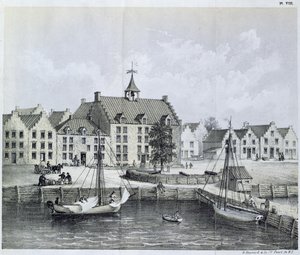 Le Stadthuys de New York en 1679, coin de Pearl Street et Coentijs Slip, du Journal d
