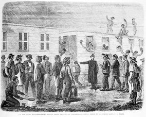 La guerre sur le Mississippi : recrues noires embarquant dans le train pour Murfreesboro, de Frank Leslies Illustrated Newspaper, mai 1864 - American School