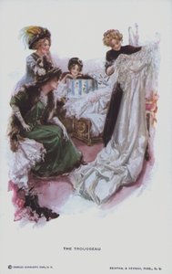 Le trousseau : une future mariée regarde une robe de mariée (lithographie couleur) - American School
