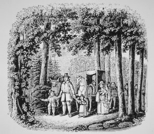 Thomas Hooker menant ses paroissiens dans la nature sauvage du Connecticut (lithographie) - American School