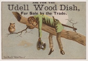 Trop de Nouvel An, carte publicitaire pour les plats en bois Udell - American School