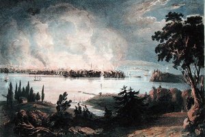 Vue de la ville de New York depuis Weehawk pendant le grand incendie, 16 décembre 1835, gravée par Day et Haghe - American School