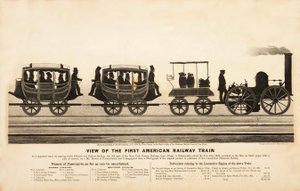 Vue du premier train ferroviaire américain, pub. 1865 - American School