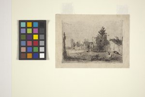 Rue de village avec bétail et chariot couvert - American School