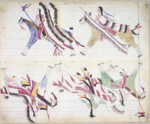 Partie de guerre rentrant à la maison, illustration du Black Horse Ledger, 1877-79