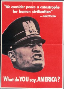"Que dites-vous, AMÉRIQUE?", Affiche de la 2e Guerre mondiale des États-Unis avec le visage de Mussolini, Anonyme, vers 1942 - American School