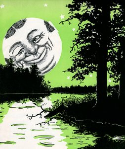 Lune souriante se levant sur un paysage fluvial - American School