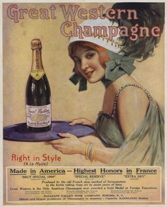 Jeune femme avec une bouteille de champagne, publicité pour Great Western Champagne (lithographie couleur) - American School