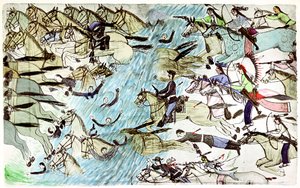 Cavalerie américaine se retirant à travers une rivière poursuivie par des guerriers amérindiens, vers 1900 - Amos Bad Heart Buffalo