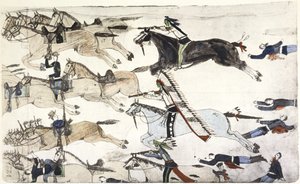 Bataille de Little Big Horn, 25-26 juin 1876. Retraite des 7e bataillons de cavalerie américains sous les ordres du major Marcus Reno. Peinture d