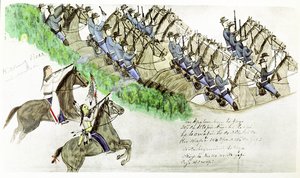 Début de la bataille de la rivière Little Big Horn, Montana, 25 juin 1876. Indiens des plaines et cavalerie américaine. D