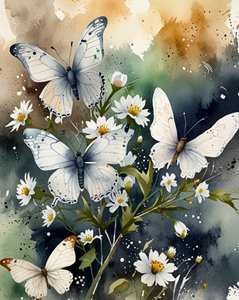 Papillons blancs et marguerites