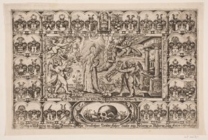 Sophie Brockenhuus et quatre génies, entourés de blasons. De l