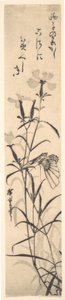 Impression en noir et blanc de papillon et fleur rose - Ando Hiroshige