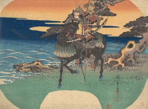 Guerrier chevauchant un cheval noir le long du rivage, vers 1835 - Ando Hiroshige