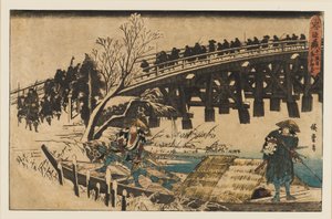 Gravure sur bois - Deux hommes dans un bateau sous un pont, 1797-1858 - Ando Hiroshige