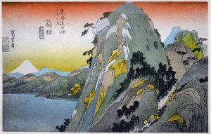 Géographie. Japon. Lac Hakone (10e station). Gravure sur bois par Hiroshige dans : Cinquante-trois stations du Tokaido (1833-1834). Carte postale, Japon, vers 1900 - Ando or Utagawa (after) Hiroshige