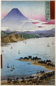 Géographie. Japon. Mont Fuji. Gravure sur bois par Hiroshige dans : Cinquante-trois stations du Tokaido (1833-1834). Carte postale, Japon, vers 1900 - Ando or Utagawa (after) Hiroshige
