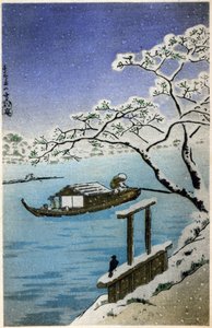 Géographie. Japon. Rivière en hiver. Gravure sur bois par Hiroshige dans : Cinquante-trois stations du Tokaido (1833-1834). Carte postale, Japon, vers 1900 - Ando or Utagawa (after) Hiroshige