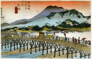 Géographie. Lueur du matin à Nihonbashi (55e station). Gravure sur bois par Hiroshige dans : Cinquante-trois stations du Tokaido (1833-1834). Carte postale, Japon, vers 1900 - Ando or Utagawa (after) Hiroshige