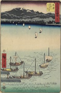 Bateaux à voile à la porte du ferry de Yabase sur la plage de Kusatsu - Ando or Utagawa Hiroshige