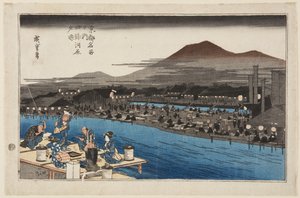 Profiter de la fraîcheur du soir sur le lit de la rivière à Shij? (Shij?-gawara y?suzumi) (estampe sur bois en couleur) - Ando or Utagawa Hiroshige