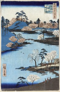 Jardin ouvert au sanctuaire Fukagawa Hachiman, Edo, Japon, gravure sur bois par Ando Hiroshige - Ando or Utagawa Hiroshige