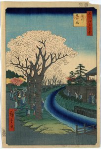 Promeneurs admirant les cerisiers en fleurs le long des rives de la rivière Tama à Edo, gravure sur bois par Ando Hiroshige - Ando or Utagawa Hiroshige