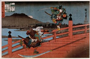 Bataille de samouraïs, estampe japonaise par Hiroshige Utagawa (1797-1858). 19e siècle. Paris, Musée Guimet, Musée National des Arts Asiatiques - Ando or Utagawa Hiroshige