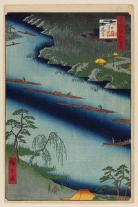 Le ferry de Kawaguchi et le temple Zenkoji - Ando or Utagawa Hiroshige