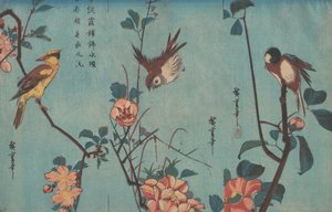 Mésange et camélias, moineau et roses sauvages et loriot à nuque noire et fleurs de cerisier, vers 1833