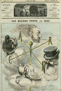 Caricature « Les Quatre Vents », symbolisant les quatre partis politiques. Couverture dans « L