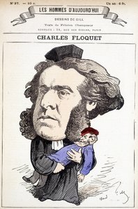 Caricature de Charles Floquet (1828-1896), avocat et président du Conseil entre 1888 et 1889. Il a blessé le général Boulanger en duel, dont il combattait les idées. Dessin de Gill dans « Les Hommes d