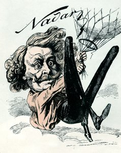 Caricature de Félix Nadar, pionnier de la photographie aérienne en 1858, ici suspendu à son ballon (gravure) - Andre Gill